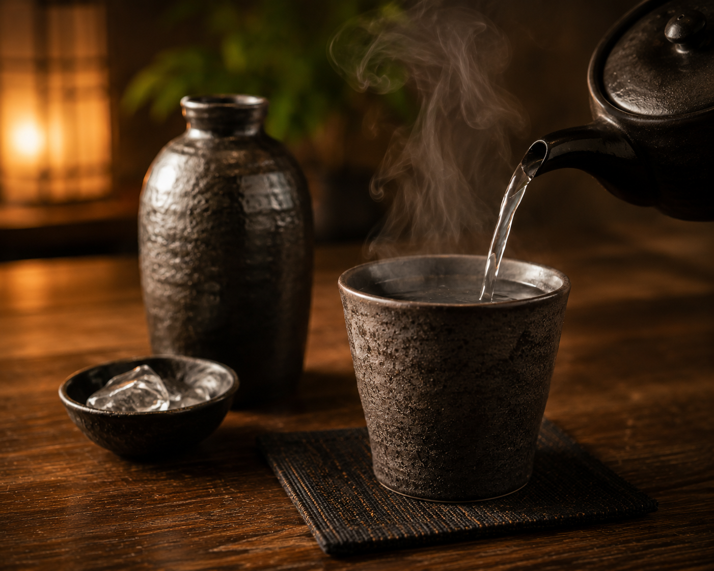 湯気が立ち上る焼酎のお湯割り